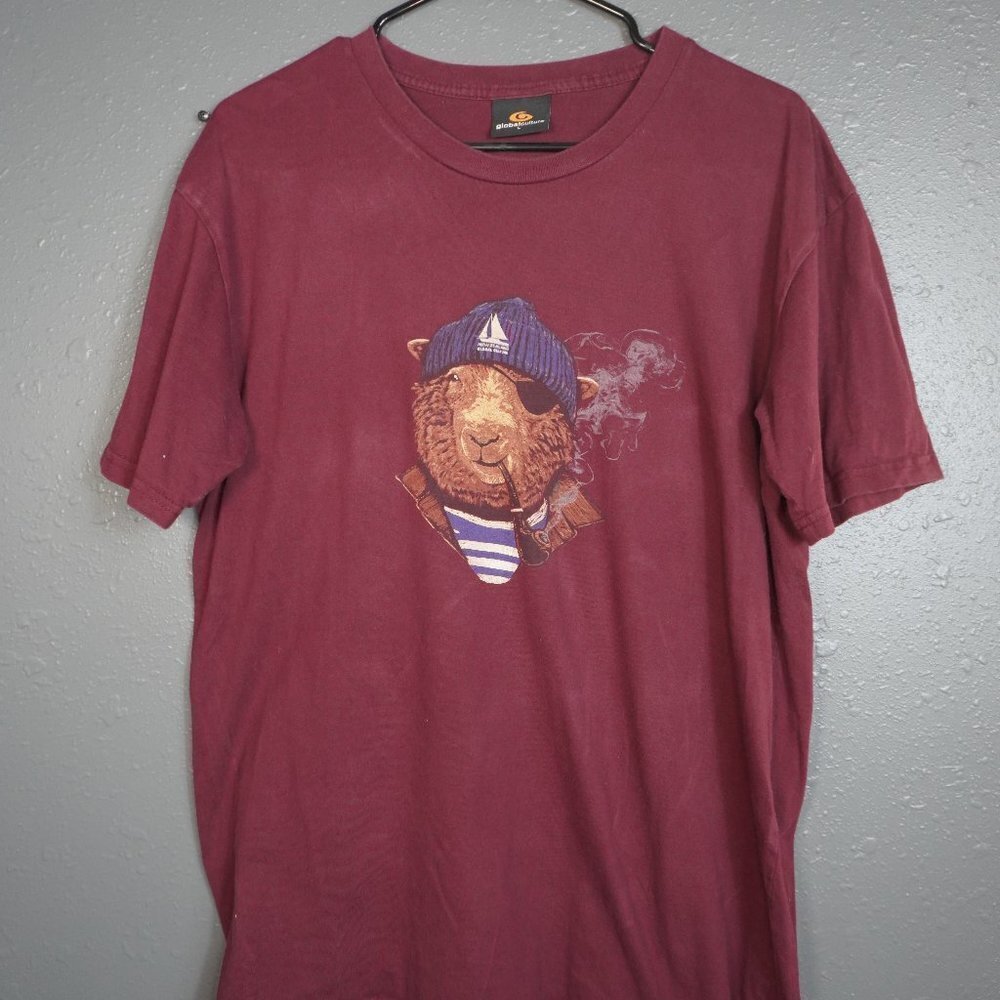 Global Culture Mens Maroon Smoking Lamb Graphic Short Sleeve Shirt Size Large